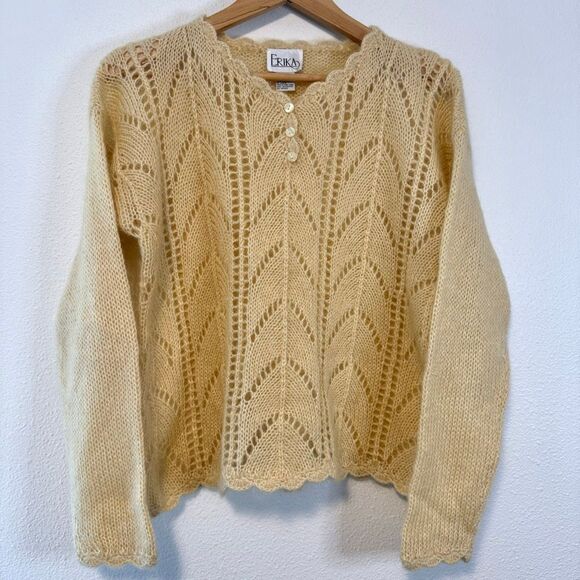 Vintage Erika Butter Yellow Mohair Knit Crochet Sweater Size Small - Picture 1 of 9